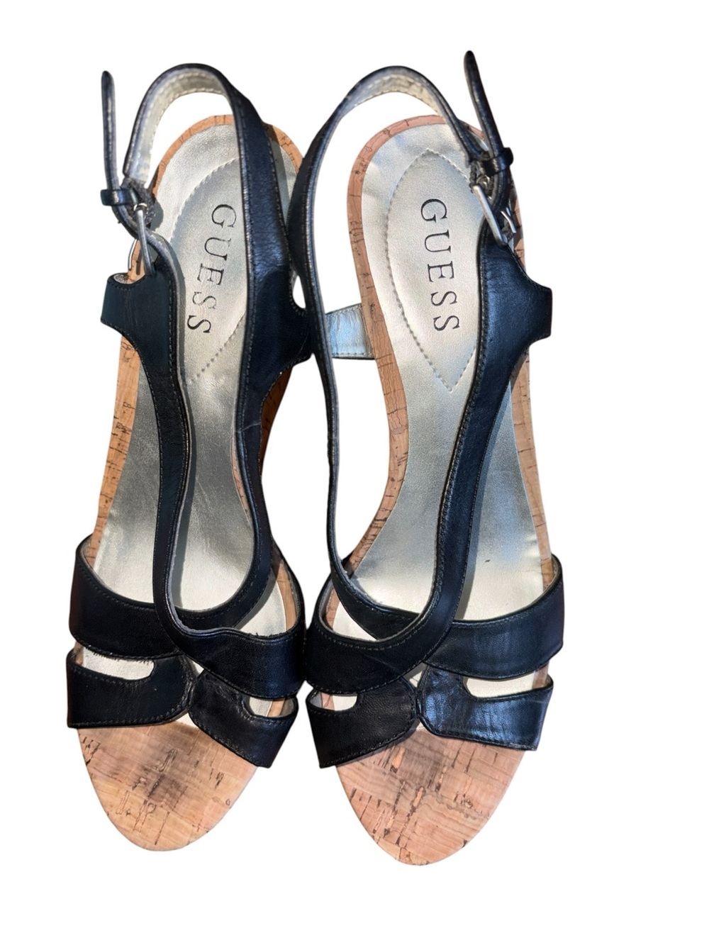 GUESS Black Leather Cork Wedge Slingback Sandals